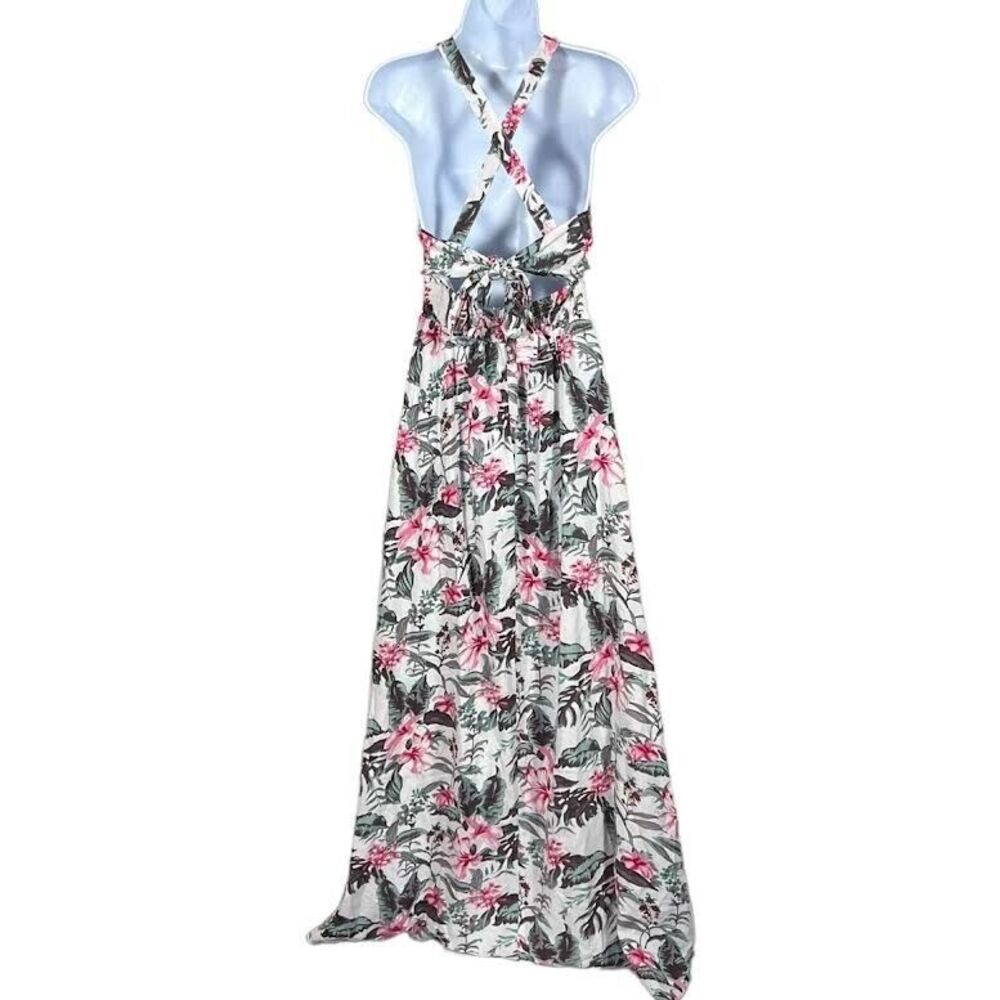 Sim & Sam Womens Pink/Gray/Green Tropical Smocked Lined V-Neck Maxi Dres… - Picture 8 of 14